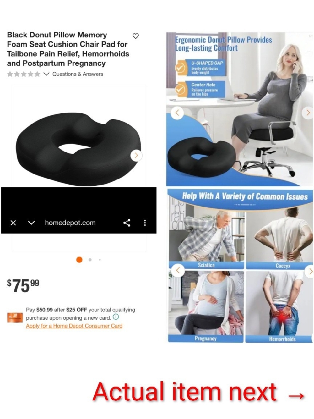 Black Memory Foam Donut Seat Cushion for Tailbone Relief
